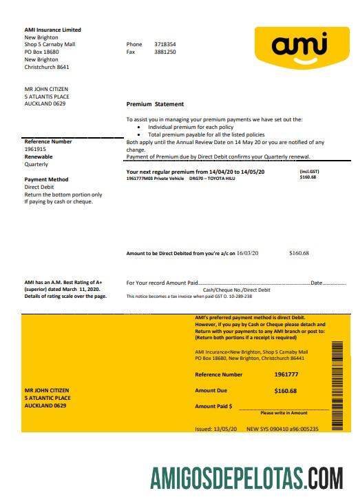 modelo de extrato bancário em branco da Nova Zelândia Ami Insurance Limited em formato Word e PDF